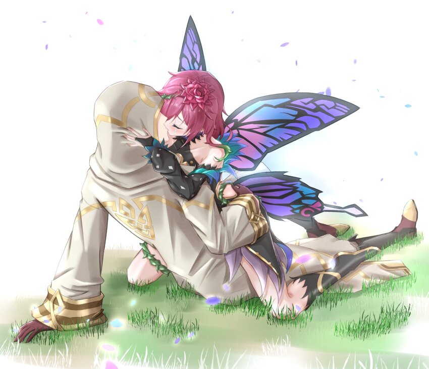 1boy, 1girl, boots, butterfly_wings, cloak, closed_mouth, commission, couple