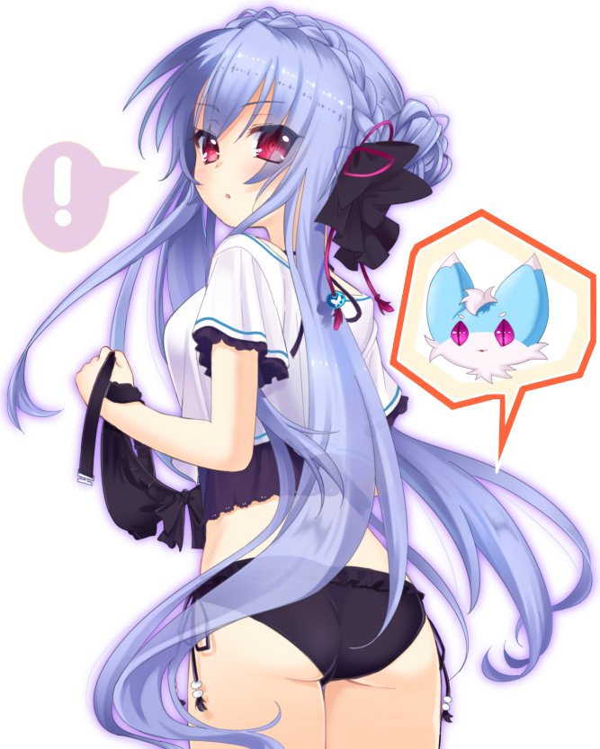 !, 1girl, :o, ass, bikini, black_bikini, black_bow, blue_hair