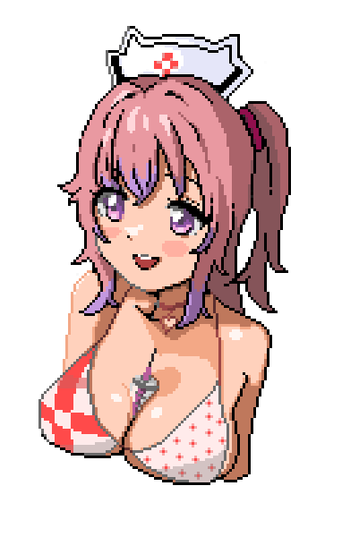 1girl, :d, bikini, blush_stickers, breasts, cleavage, cropped_torso, goddess_of_victory:_nikke, gradient_hair, hat, konatae, large_breasts, medium_breasts, multicolored_hair, nurse_cap, open_mouth, pepper_(nikke), pepper_(ocean_vitamin)_(nikke), pink_hair, pixel_art, polka_dot, polka_dot_bikini, purple_eyes, purple_hair, red_bikini, side_ponytail, sidelocks, simple_background, smile, solo, string_bikini, swimsuit, teeth, upper_teeth_only, white_background, white_bikini, white_hat