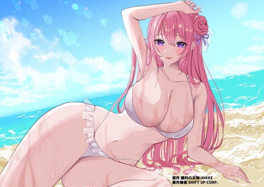 1girl, alternate_costume, arm_up, bare_shoulders, beach, bikini, bikini_skirt, blue_sky, blush, breasts, cleavage, collarbone, day, dorothy_(nikke), goddess_of_victory:_nikke, hair_bun, hair_ribbon, highres, hoshi_naru, large_breasts, long_hair, looking_at_viewer, lying, navel, ocean, on_side, parted_lips, pink_hair, purple_eyes, ribbon, sand, sky, solo, string_bikini, swimsuit, white_bikini