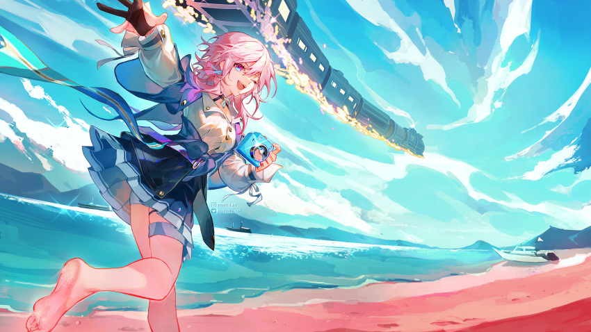 1girl, :d, archery_shooting_glove, artist_name, astral_express_(honkai:_star_rail), barefoot, beach, black_choker