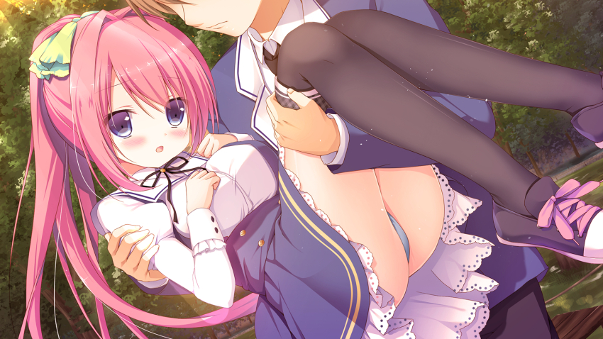 1boy, 1girl, airi_(sorakoi), black_footwear, black_thighhighs, blue_eyes, blue_panties, blue_skirt, blush, bow, breasts, carrying, game_cg, green_bow, highres, large_breasts, long_hair, looking_at_another, miyasaka_miyu, miyasaka_naco, panties, pink_hair, ponytail, princess_carry, shirt, skirt, sorakoi, thighhighs, underwear, white_shirt