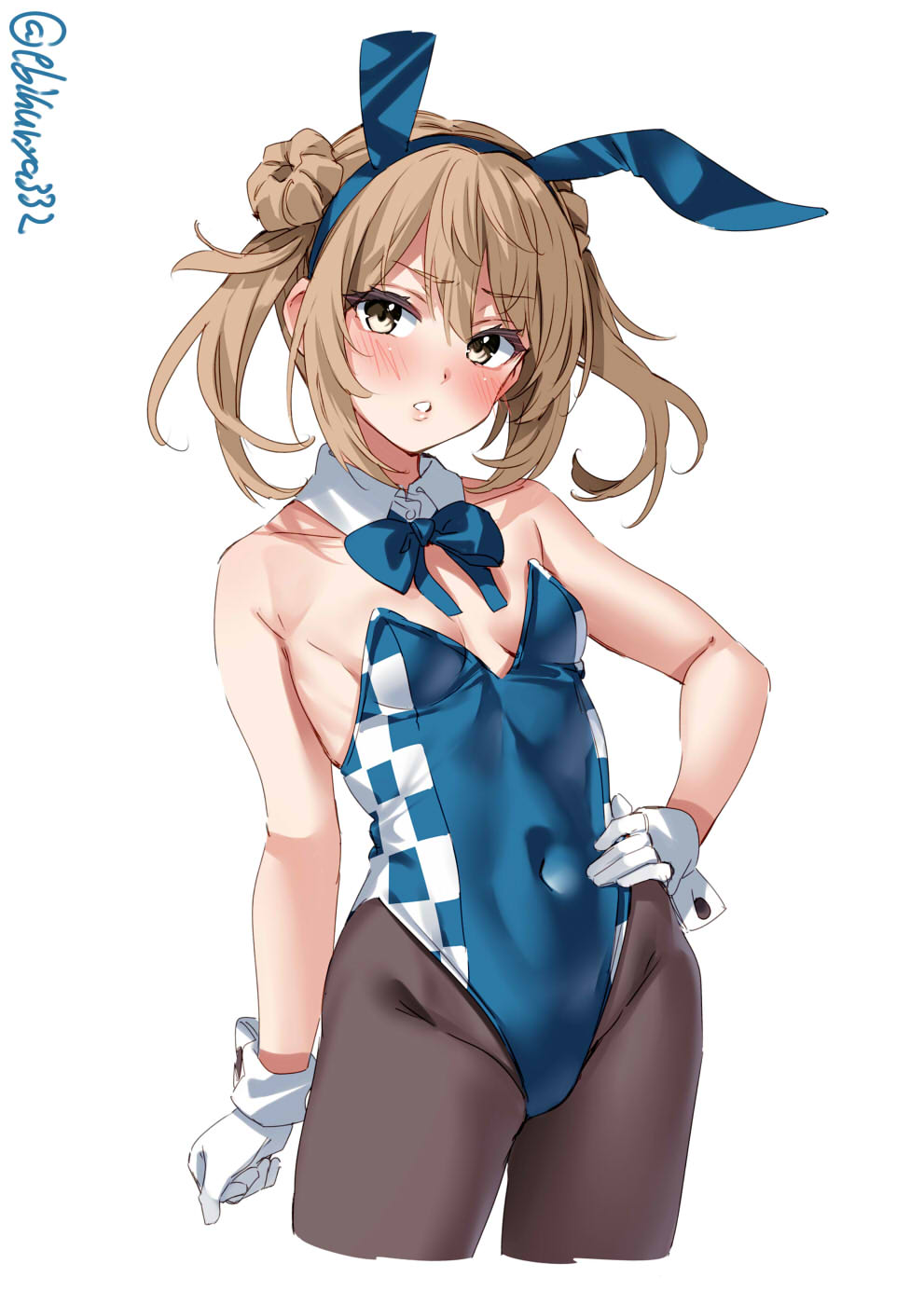 1girl, animal_ears, bare_shoulders, black_pantyhose, blue_leotard, blue_ribbon, blush, breasts