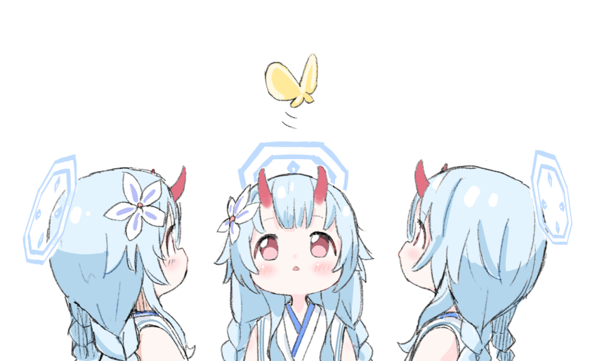 3girls, bare_shoulders, blue_archive, blue_hair, blush, braid, bug, butterfly