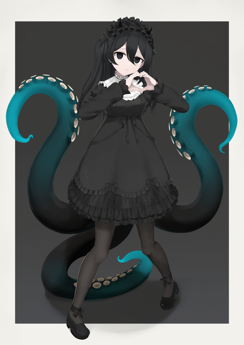 1girl, absurdres, ankle_bow, ankle_ribbon, black_background, black_bow, black_dress, black_eyes