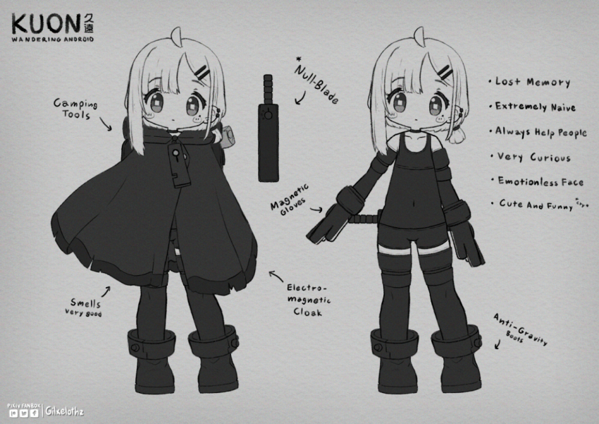 1girl, ahoge, android, arms_at_sides, asymmetrical_bangs, bare_shoulders, boots, character_name