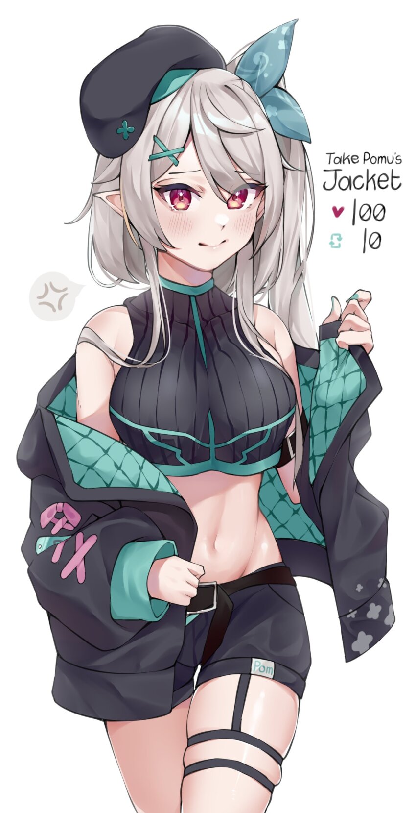 1girl, absurdres, belt, beret, black_hat, black_jacket, black_shorts, bobbq