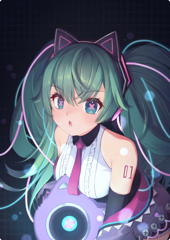 1girl, animal_ear_headphones, animal_ears, blue_eyes, blush, cable, cat_ear_headphones, cat_ears, center_frills, chami_(charming621), chestnut_mouth, collared_shirt, commentary, digital_stars_miku, digital_stars_miku_(2023), elbow_gloves, fake_animal_ears, frills, gloves, green_hair, grid_background, hatsune_miku, headphones, jacket, looking_at_viewer, multicolored_hair, off_shoulder, open_mouth, shirt, sleeveless, sleeveless_shirt, solo, streaked_hair, untranslatable_commentary, symbol-shaped_pupils, twintails, upper_body, vocaloid, x-shaped_pupils