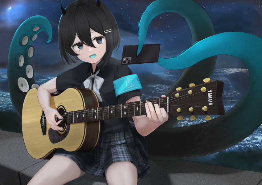 1girl, absurdres, acoustic_guitar, armband, black_eyes, black_hair, black_shirt, blue_armband