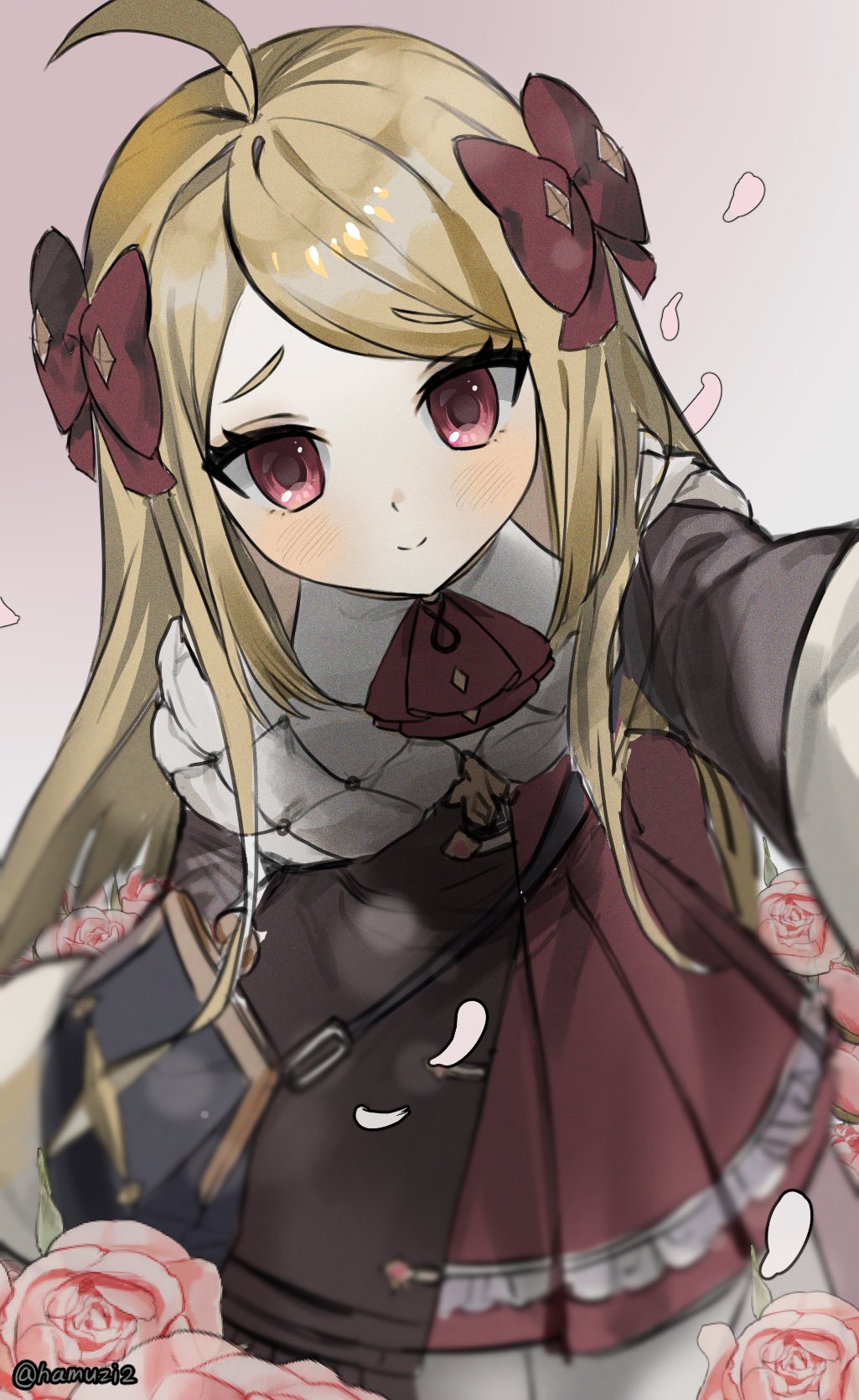 1girl, ahoge, arm_up, ascot, bag, blonde_hair, blush, bow
