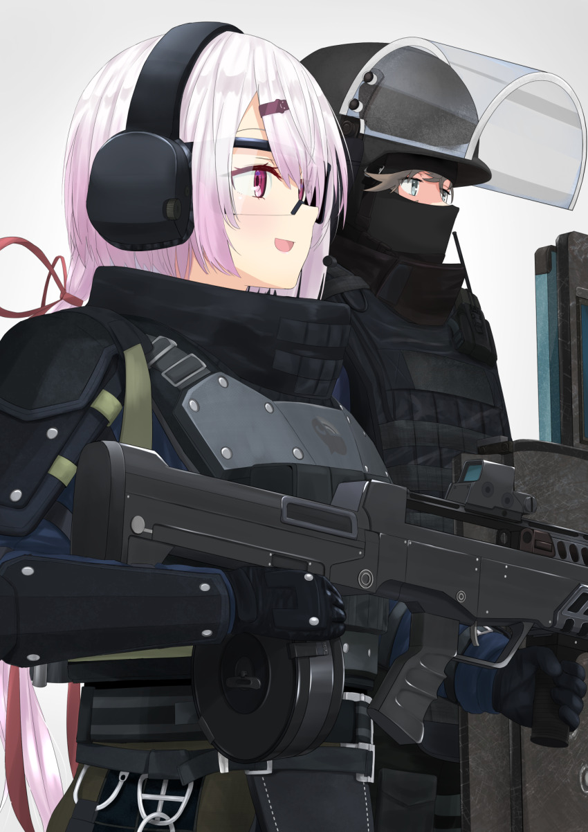 1boy, 1girl, balaclava, ballistic_shield, black_gloves, blitz_(rainbow_six_siege), blitz_(rainbow_six_siege)_(cosplay), blue_eyes, blue_jacket, body_armor, bulletproof_vest, bullpup, commentary_request, cosplay, covered_face, cowboy_shot, drum_magazine, ear_protection, flak_jacket, from_side, gloves, gradient_hair, grey_eyes, gun, hair_ornament, hair_ribbon, hairclip, helmet, high-capacity_magazine, high_collar, highres, holding, holding_gun, holding_weapon, ichinose_rokujou, jacket, kanae_(nijisanji), light_brown_hair, light_machine_gun, looking_ahead, low_ponytail, machine_gun, magazine_(weapon), microphone, multicolored_hair, nijisanji, open_mouth, pink_eyes, pink_hair, ponytail, qbb_95_lsw, rainbow_six_siege, red_ribbon, ribbon, shield, shiina_yuika, smile, vertical_foregrip, virtual_youtuber, visor_(armor), visor_lift, walkie-talkie, weapon, white_background, white_hair, ying_(rainbow_six_siege), ying_(rainbow_six_siege)_(cosplay)