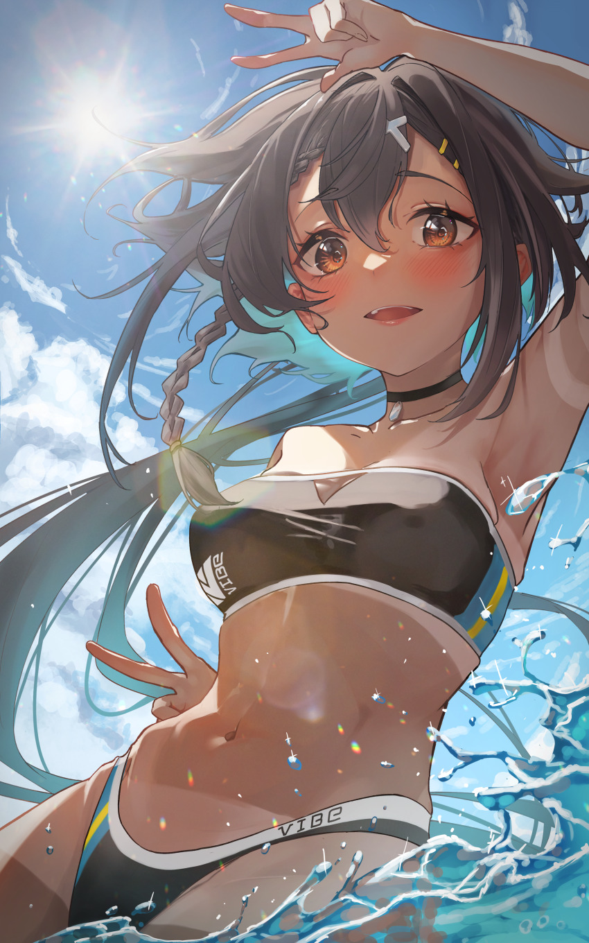 1girl, absurdres, aqua_hair, arm_up, armpits, backlighting, bikini, bikini_tan