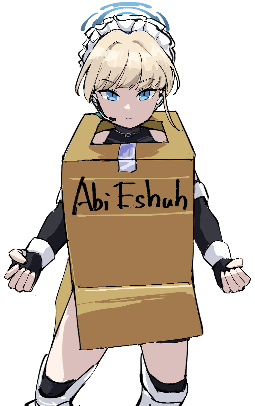 1girl, akkadian_text, alternate_costume, blonde_hair, blue_archive, blue_eyes, box, cardboard_box_gundam, clenched_hands, duct_tape, female_focus, headset, highres, looking_at_viewer, maid_headdress, meme, parody, simple_background, solo, standing, tenten_(chan4545), toki_(blue_archive), white_background