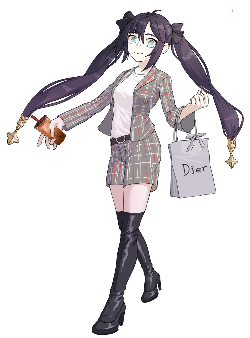 1girl, absurdres, alternate_costume, aqua_eyes, bag, belt, black_boots, black_ribbon, boots, brand_name_imitation, cup, full_body, genshin_impact, grey_jacket, grey_shorts, hair_ribbon, high_heel_boots, high_heels, highres, holding, holding_bag, holding_cup, jacket, light_smile, long_hair, looking_at_viewer, mona_(genshin_impact), open_clothes, open_jacket, plaid_clothes, plaid_jacket, plaid_shorts, purple_hair, ribbon, shirt, shorts, simple_background, solo, star_(symbol), teabaek, thigh_boots, twintails, walking, white_background, white_shirt