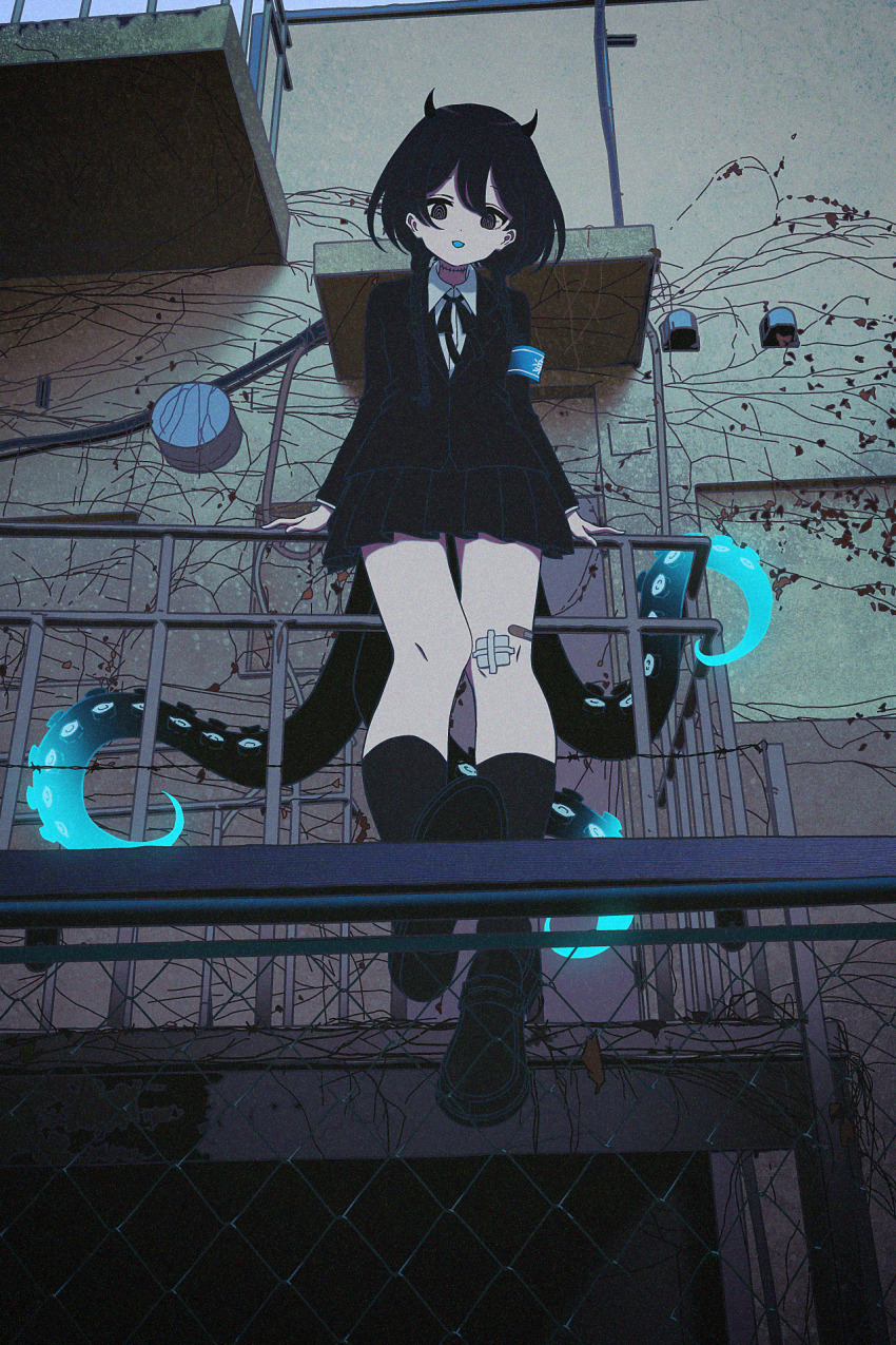 1girl, against_railing, arm_support, armband, asymmetrical_hair, bandage_on_knee, bandaid_on_thigh, black_eyes