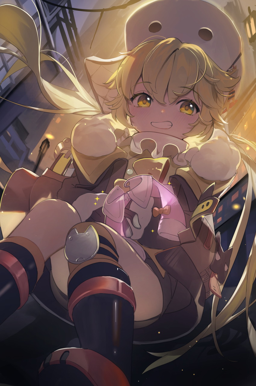 1girl, absurdres, black_gloves, blonde_hair, coat, fur-trimmed_coat, fur_trim, gloves, hat, highres, holding, honkai:_star_rail, honkai_(series), hook_(honkai:_star_rail), jacket, kamatoyu, long_hair, long_sleeves, looking_at_viewer, smile, twintails, yellow_eyes