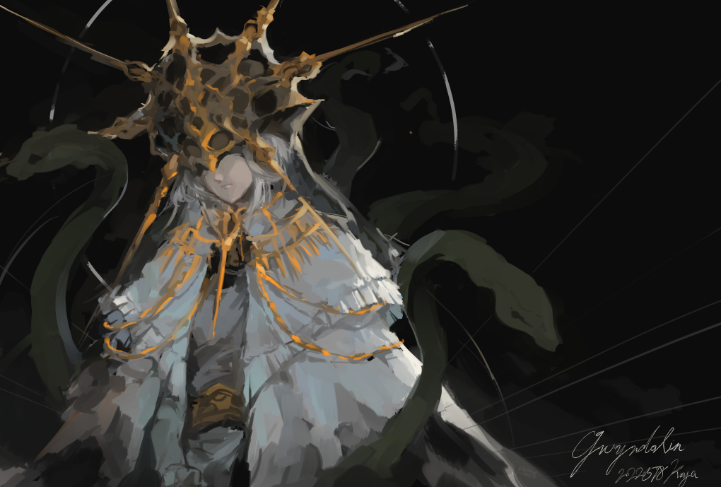 1boy, black_background, character_name, commentary, covered_eyes, dark_souls_(series), dark_souls_i, dark_sun_gwyndolin