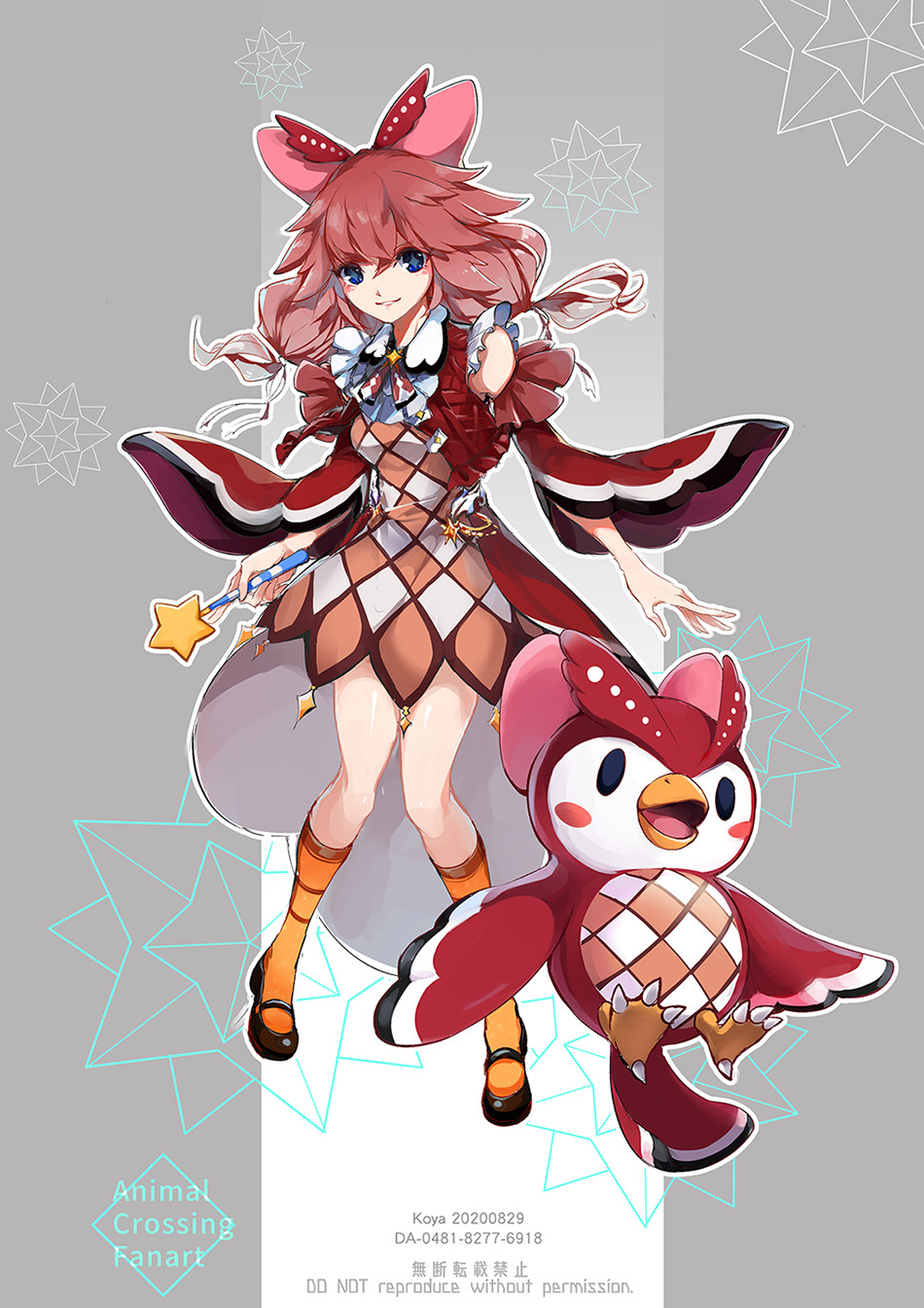 1girl, animal_crossing, blue_eyes, blush_stickers, bow, brown_footwear, brown_hair, celeste_(animal_crossing)