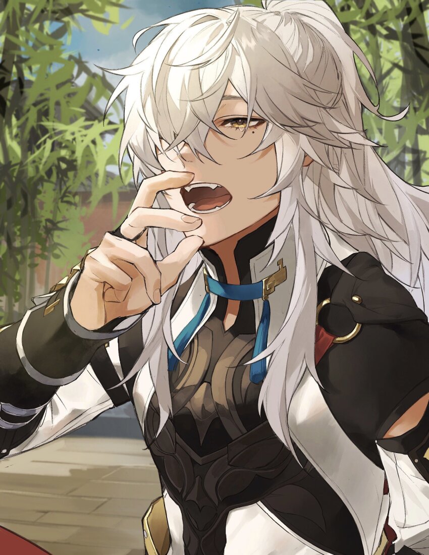 1boy, armor, day, hair_over_one_eye, half_updo, hand_up, high_ponytail, highres