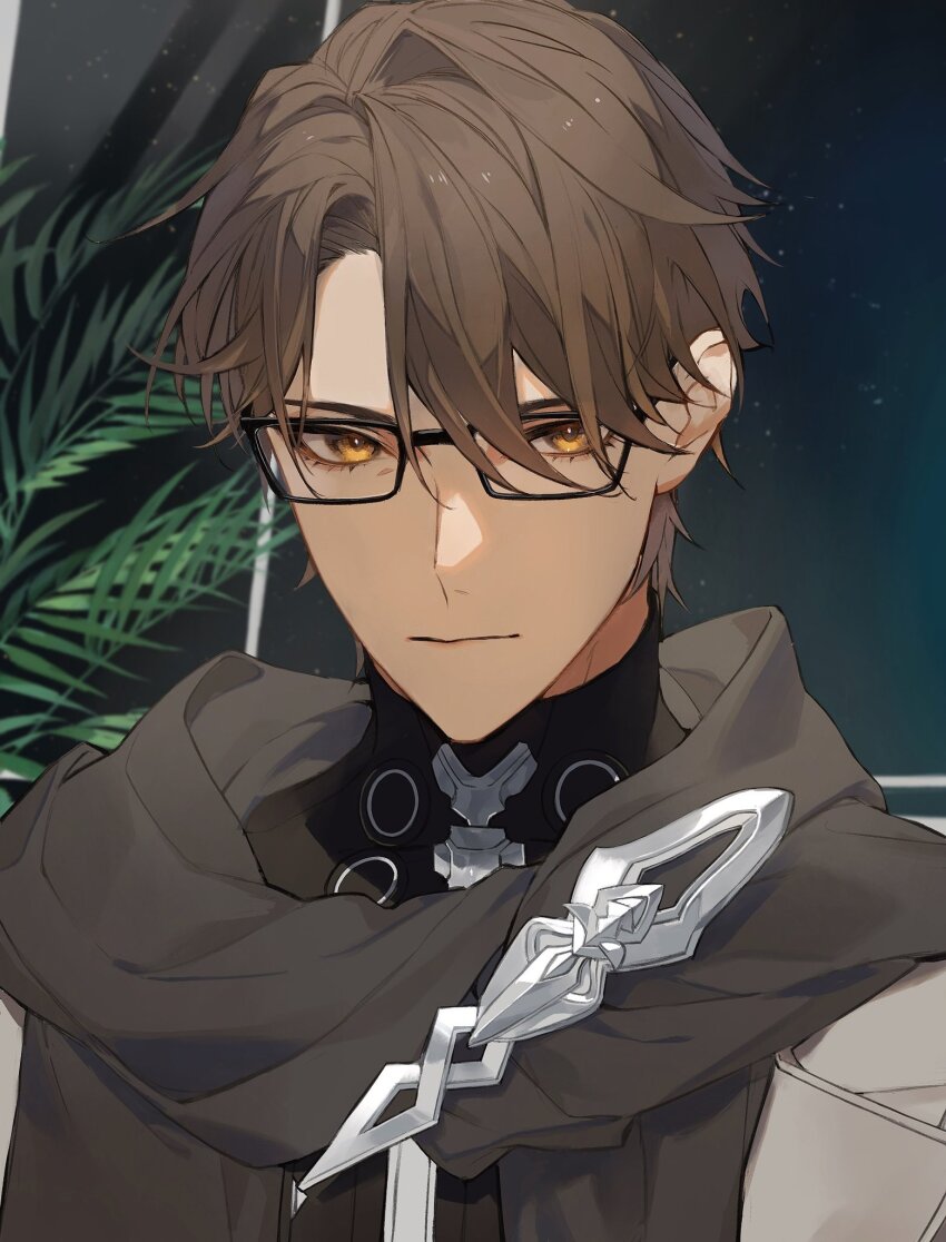 1boy, black-framed_eyewear, black_scarf, black_shirt, brown_hair, closed_mouth, glasses, grey_jacket, highres, honkai:_star_rail, honkai_(series), indoors, jacket, kichi_owo, looking_at_viewer, male_focus, scarf, shirt, short_hair, solo, upper_body, welt_yang, yellow_eyes