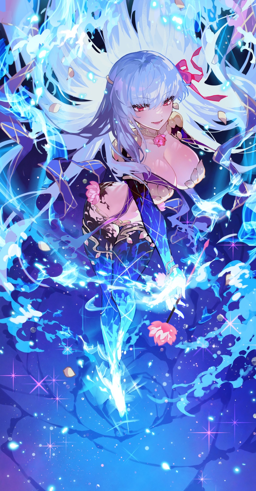 1girl, absurdres, blue_fire, breasts, earrings, fate/grand_order, fate_(series), fire, flower, glowing, grey_hair, hair_ribbon, highres, jewelry, kama_(adult)_(fate), kama_(assassin)_(third_ascension)_(fate), kama_(fate), kama_(third_ascension)_(fate), large_breasts, long_hair, lotus, metal_bikini, red_eyes, ribbon, star_(symbol), star_symbol_background, very_long_hair, youling_keke