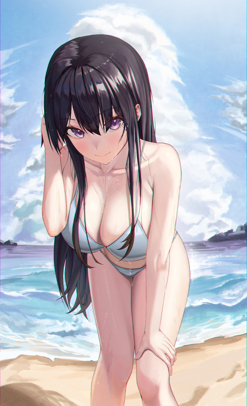 1girl, absurdres, beach, bent_over, bikini, black_hair, blue_bikini, blue_sky