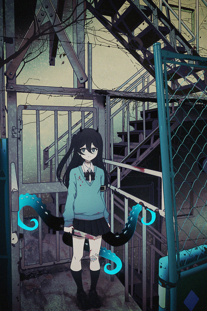 1girl, armband, arms_at_sides, bandage_on_knee, bandages, bandaid, bandaid_on_leg, black_armband, black_eyes, black_hair, black_skirt, blood, blood_on_clothes, bloody_bandages, bloody_knife, blue_blood, blue_eyes, blue_sweater, chain-link_fence, collared_shirt, commentary, dress_shirt, earrings, expressionless, fence, gate, gauze, gyaru, hair_between_eyes, highres, holding, holding_knife, horns, indie_virtual_youtuber, jewelry, kneehighs, knife, long_sleeves, looking_at_viewer, miniskirt, multicolored_eyes, nkymyura, one_side_up, outdoors, pleated_skirt, ringed_eyes, school_uniform, shirt, skirt, socks, solo, stairs, stairwell, stitched_neck, stitches, stud_earrings, sweater, tentacles, virtual_youtuber, white_shirt, yamata_ia