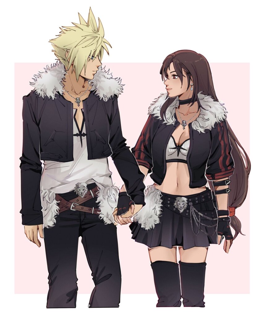 1boy, 1girl, alternate_costume, belt, belt_buckle, black_choker, black_footwear, black_gloves
