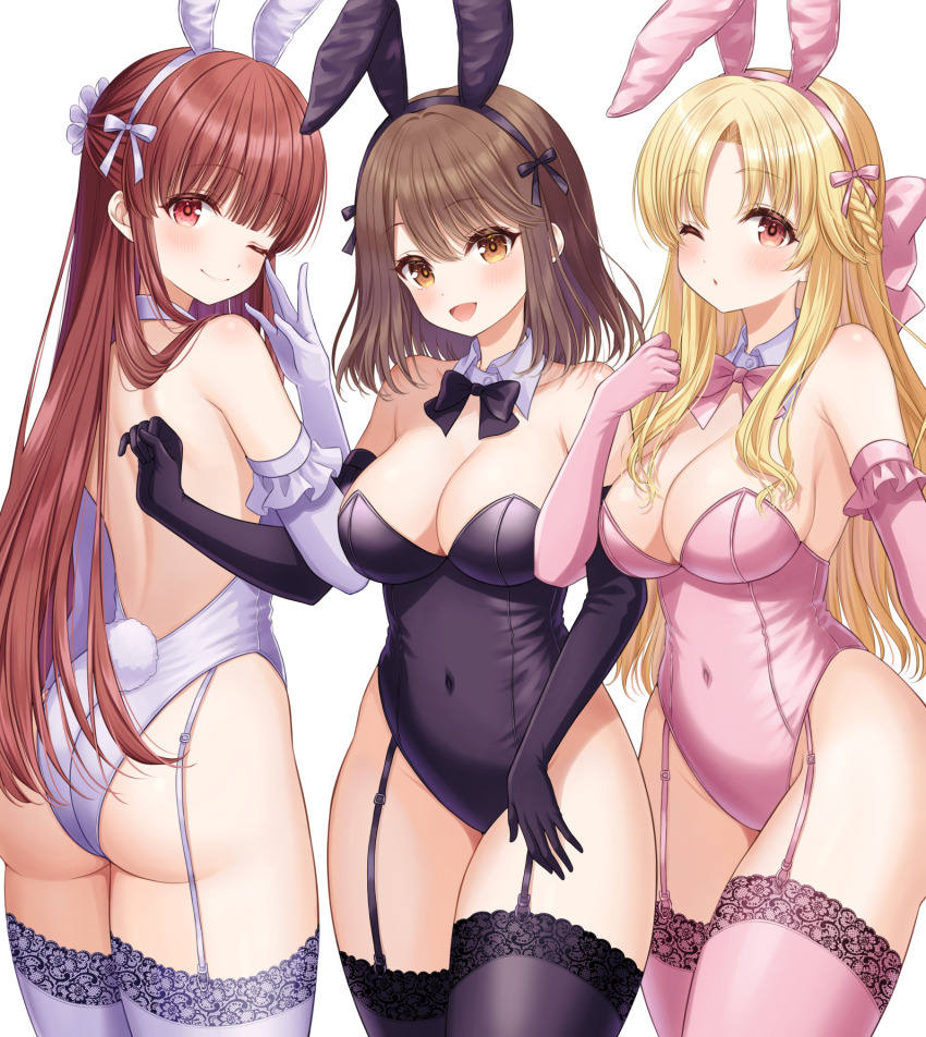 3girls, amatsu_kanata, ass, black_leotard, blonde_hair, breasts, brown_hair, cleavage