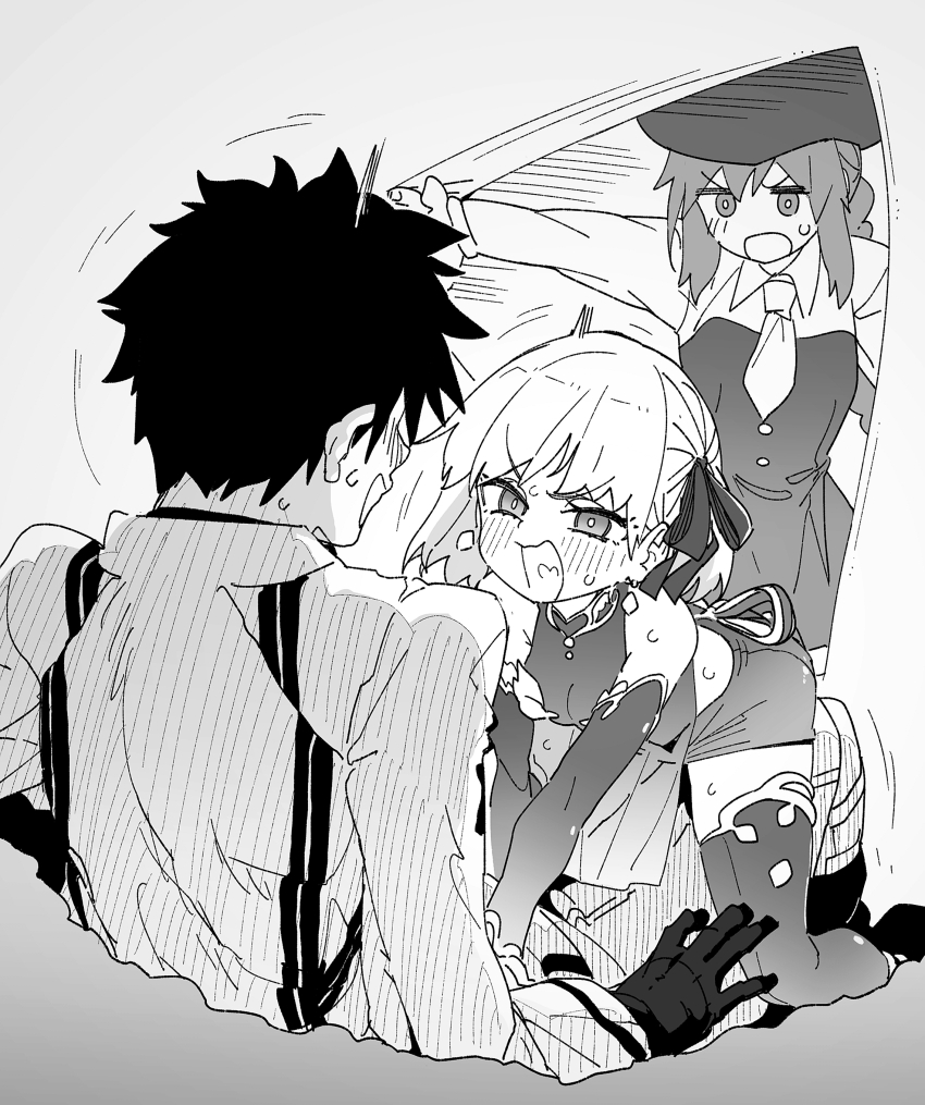 1boy, 2girls, absurdres, angry, blush, braid, braided_ponytail, breasts