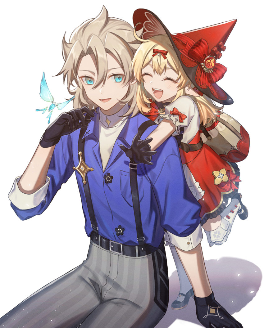 1boy, 1girl, albedo_(genshin_impact), albedo_(m&amp;g)_(genshin_impact), backpack, bag, belt, black_belt