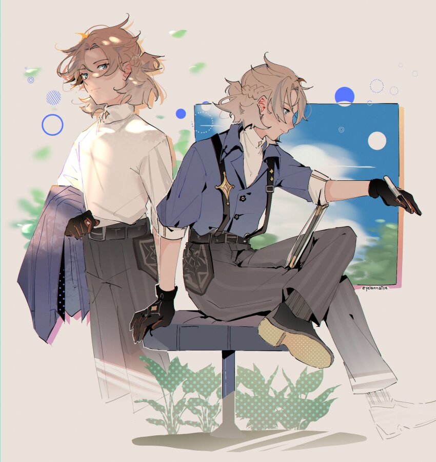 1boy, albedo_(genshin_impact), albedo_(m&amp;g)_(genshin_impact), alternate_costume, black_gloves, black_pants, black_shoes, blonde_hair