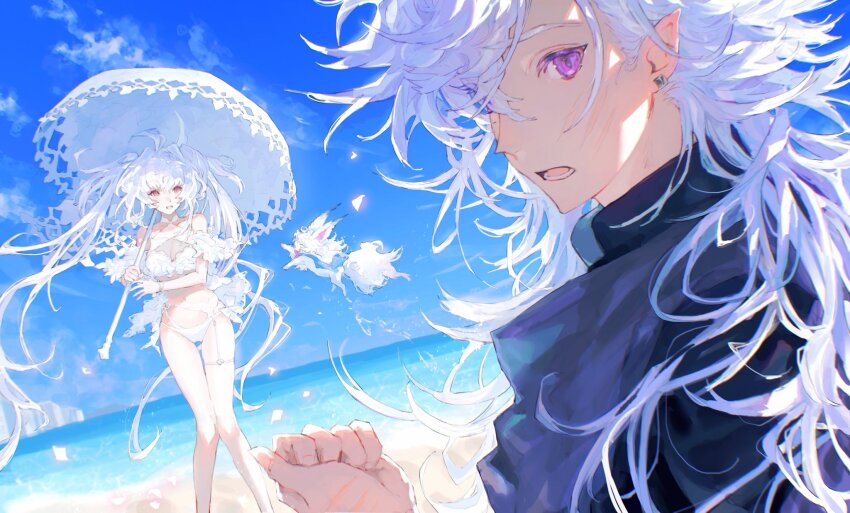 1boy, 1girl, ahoge, beach, bikini, blue_sky, claw_mark, earrings, fate/grand_order, fate_(series), fou_(fate), highres, jewelry, lady_avalon_(fate), lady_avalon_(second_ascension)_(fate), long_hair, merlin_(fate), merlin_(overnight_dream)_(fate), merlin_(swimsuit_pretender)_(second_ascension)_(fate/prototype), navel, ocean, parasol, pointy_ears, purple_eyes, sky, swimsuit, twintails, uda_(xax_057), umbrella, white_bikini, white_hair, wind