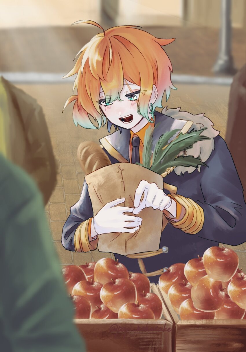 1boy, 2others, ahoge, akuma_shitsuji_to_kuroi_neko, apple, aqua_eyes, aqua_hair, bag, black_necktie, blue_jacket, bread, brown_coat, coat, collared_shirt, food, fruit, fur-trimmed_jacket, fur_trim, gloves, green_shirt, highres, holding, holding_bag, jacket, long_sleeves, male_focus, multicolored_hair, multiple_others, necktie, orange_hair, orange_shirt, paper_bag, popi_nohatake, shirt, short_hair, side_ponytail, teddy_brown, white_gloves