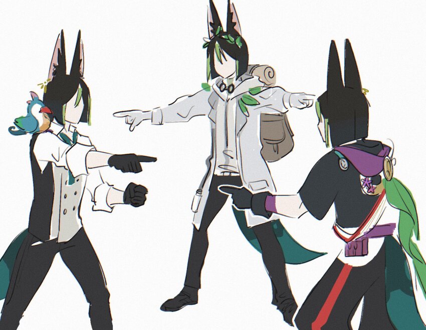 3boys, animal, animal_ear_fluff, animal_ears, animal_on_shoulder, aqua_necktie, asymmetrical_sleeves, bird