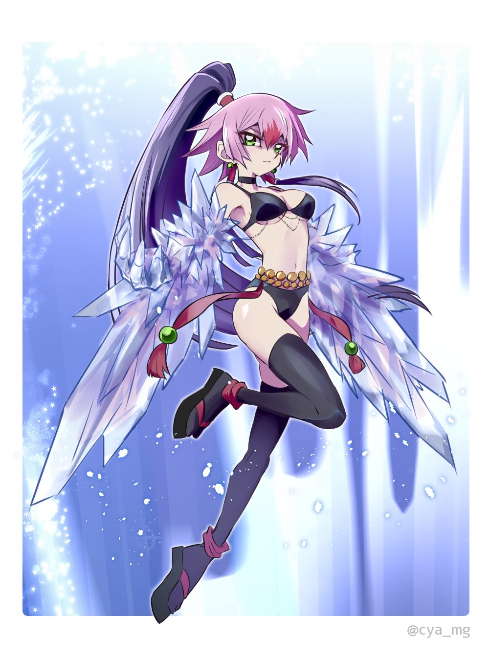 1girl, adapted_costume, alternate_costume, bare_shoulders, bikini, border, breasts, chaya_mago, choker, cleavage, collarbone, cosplay, elbow_gloves, full_body, gloves, green_eyes, hair_tubes, harpie_dancer, harpie_dancer_(cosplay), high_ponytail, highres, kachi_kochi_dragon, kachi_kochi_dragon_(cosplay), long_hair, luna_(yu-gi-oh!_zexal), medium_breasts, pink_hair, ponytail, purple_hair, sandals, sidelocks, signature, solo, standing, swimsuit, thighhighs, twitter_username, very_long_hair, white_border, yu-gi-oh!, yu-gi-oh!_zexal