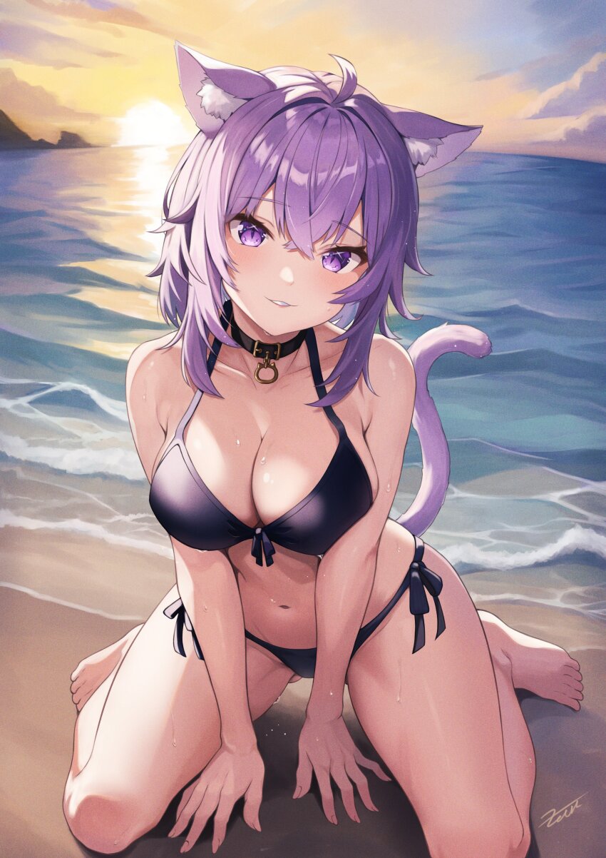 1girl, absurdres, ahoge, animal_collar, animal_ear_fluff, animal_ears, bare_arms, bare_shoulders, barefoot, beach, bikini, black_bikini, black_collar, breasts, cat_ears, cat_girl, cat_tail, cleavage, cloud, collar, commentary_request, crossed_bangs, feet, front-tie_bikini_top, front-tie_top, hair_between_eyes, head_tilt, highres, hololive, horizon, large_breasts, light_blush, looking_at_viewer, navel, nekomata_okayu, ocean, orange_sky, parted_lips, purple_eyes, purple_hair, shore, short_hair, side-tie_bikini_bottom, sidelocks, signature, sky, smile, solo, stomach, sun, sunset, swimsuit, tail, tail_raised, toes, virtual_youtuber, water, zeiss