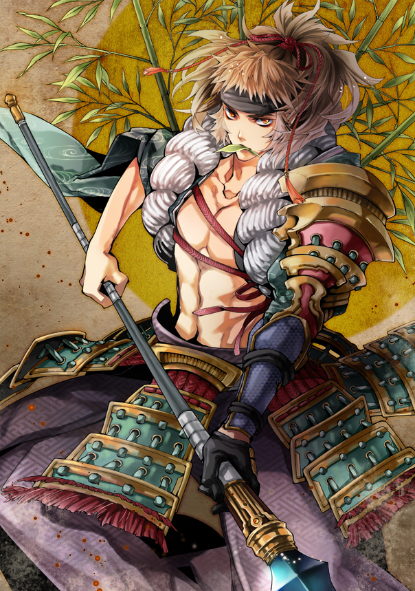 1boy, abs, arm_armor, armor, bamboo, bishounen, blood, blood_splatter, blood_spray, brown_hair, headband, kani_saizou, lance, laughing_lamb, leaf, looking_at_viewer, male_focus, mouth_hold, orange_eyes, original, pants, polearm, purple_pants, samurai, sengoku_taisen, solo, stalk_in_mouth, topless_female, topless_male, tree, weapon