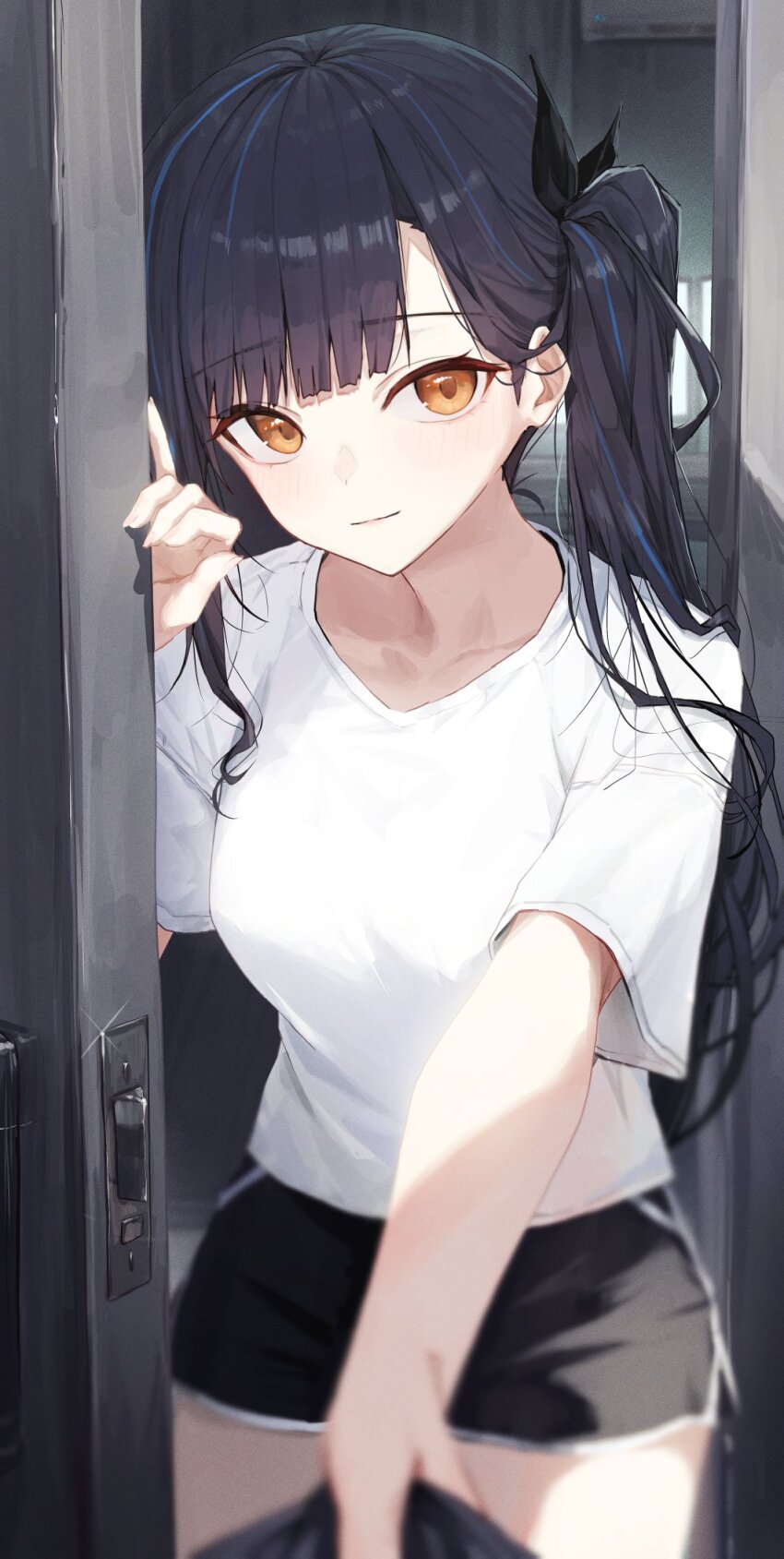 1girl, black_hair, black_shorts, blurry, closed_mouth, cowboy_shot, depth_of_field, dolphin_shorts