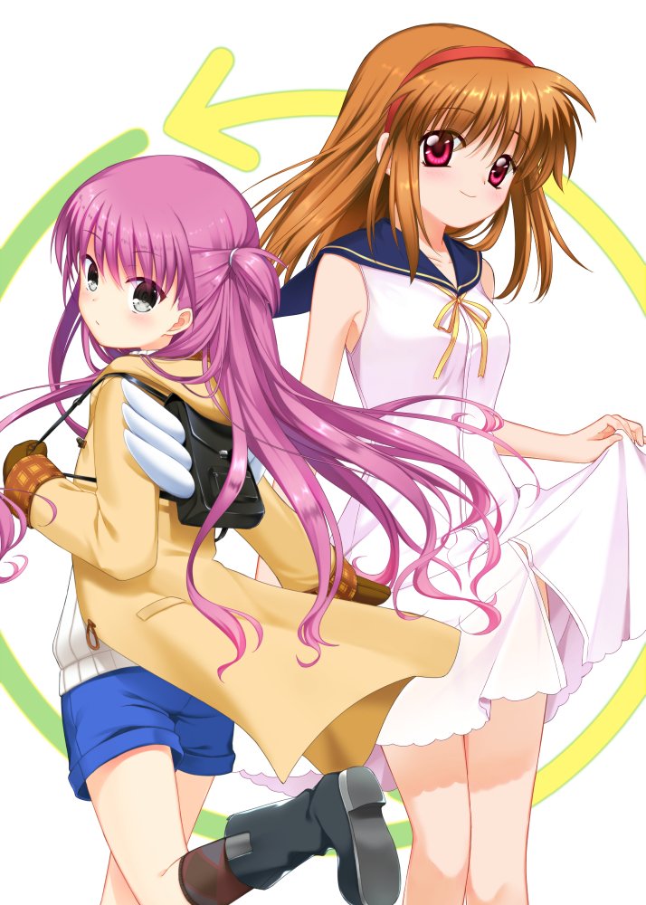 2girls, angel_wings, arm_at_side, arrow_(symbol), backpack, bag, black_bag, black_footwear