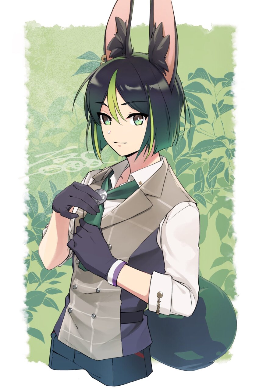 1boy, adjusting_clothes, adjusting_necktie, animal_ear_fluff, animal_ears, black_hair, blunt_ends, bob_cut, dango_imooimo, fox_boy, fox_ears, fox_tail, genshin_impact, green_eyes, green_hair, green_nails, green_tail, highres, light_green_hair, long_sleeves, looking_at_viewer, m&amp;g_stationery, male_focus, multicolored_hair, necktie, shirt, short_hair, streaked_hair, tail, tighnari_(genshin_impact), tighnari_(m&amp;g)_(genshin_impact), white_shirt