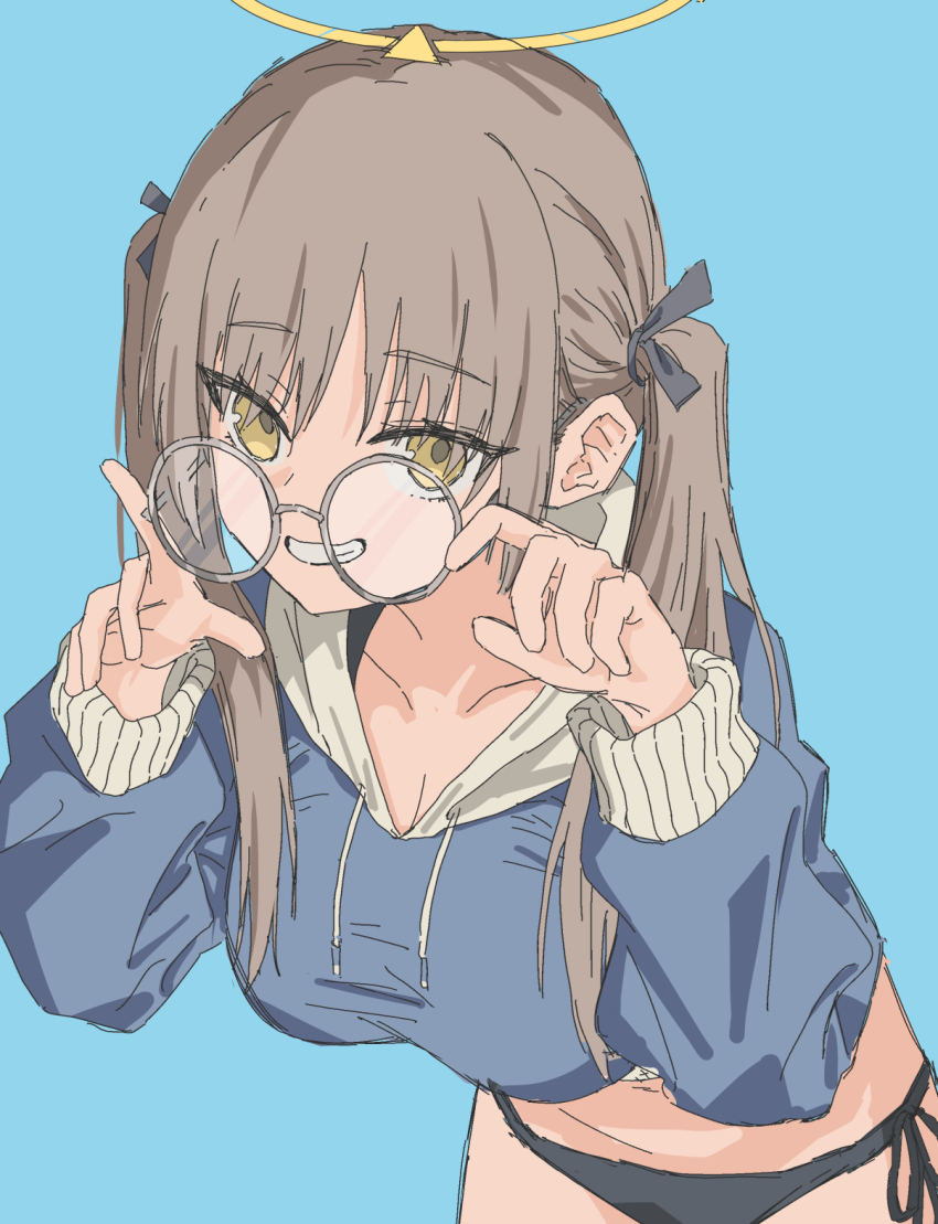 adjusting_eyewear, bikini, bikini_under_clothes, blue_archive, breasts, brown_hair, glasses, grin