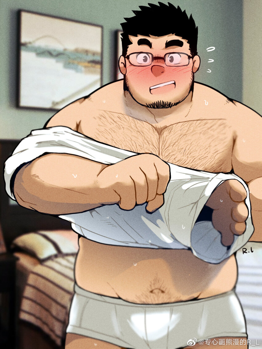 1boy, bara, beard_stubble, bedroom, belly, black_hair, blush, briefs