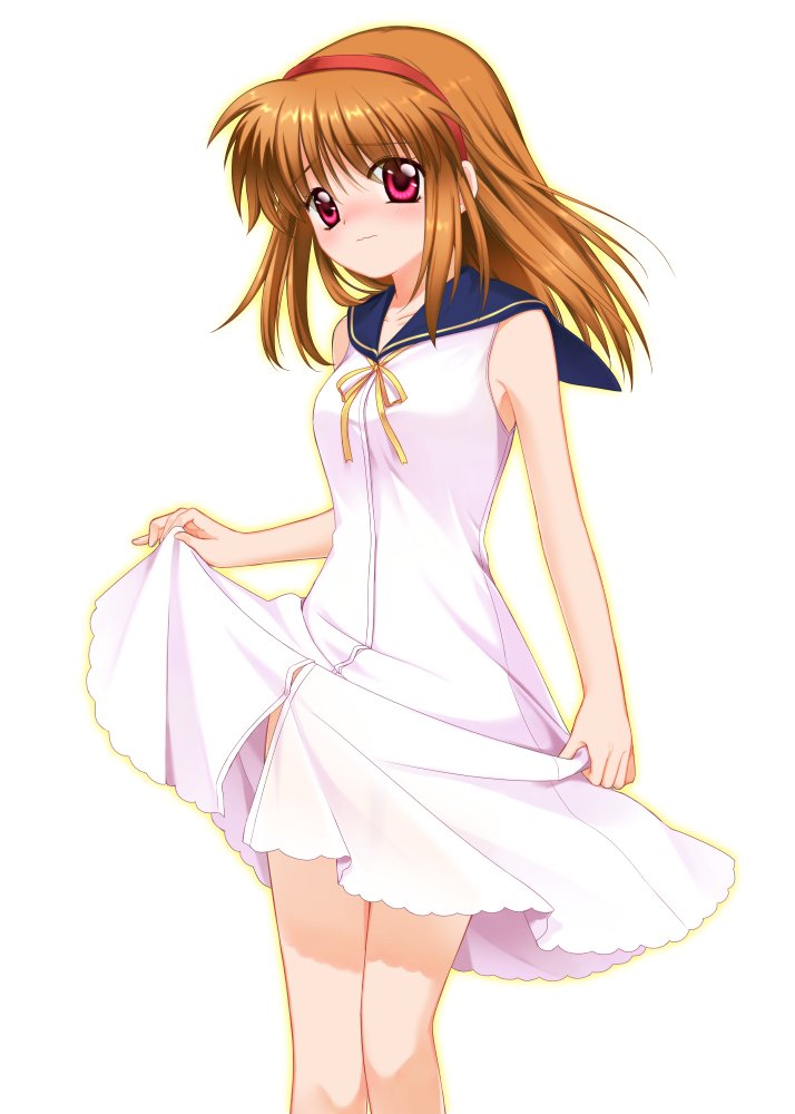 1girl, bare_arms, blue_sailor_collar, blush, breasts, brown_hair, closed_mouth, clothes_lift, commentary_request, company_connection, cosplay, cowboy_shot, dress, dress_lift, embarrassed, eyes_visible_through_hair, frown, furrowed_brow, hair_between_eyes, hair_over_shoulder, hairband, holding_own_dress, kanon, katou_umi, katou_umi_(cosplay), key_(company), lifting_own_clothes, looking_at_viewer, medium_hair, nose_blush, otou_(otou_san), red_eyes, red_hairband, ribbon, sailor_collar, short_dress, shy, simple_background, sleeveless, sleeveless_dress, small_breasts, solo, standing, summer_pockets, tsukimiya_ayu, wavy_mouth, white_background, white_dress, wind, wind_lift, yellow_ribbon