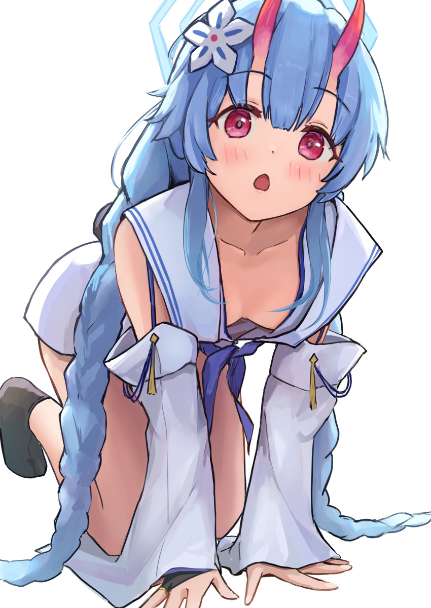 1girl, :o, absurdres, all_fours, black_socks, blue_archive, blue_hair, blue_halo