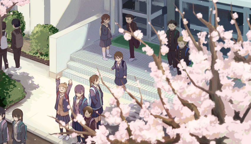 6+boys, 6+girls, adachi_shou, backpack, bag, blue_jacket, boku_no_kokoro_no_yabai_yatsu, cherry_blossoms