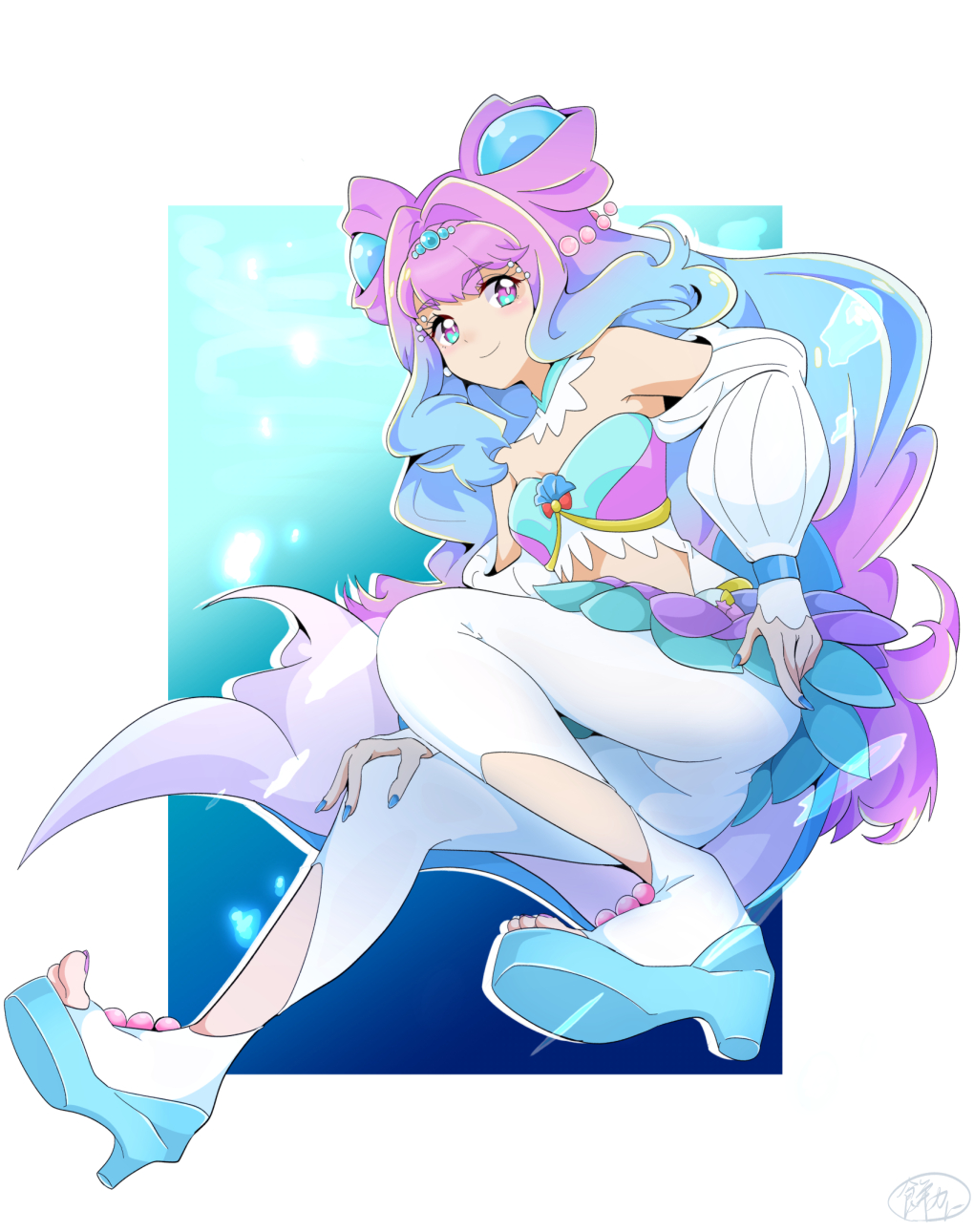 1girl, blue_background, blue_eyes, blue_hair, blue_nails, choker, colored_eyelashes, cure_la_mer