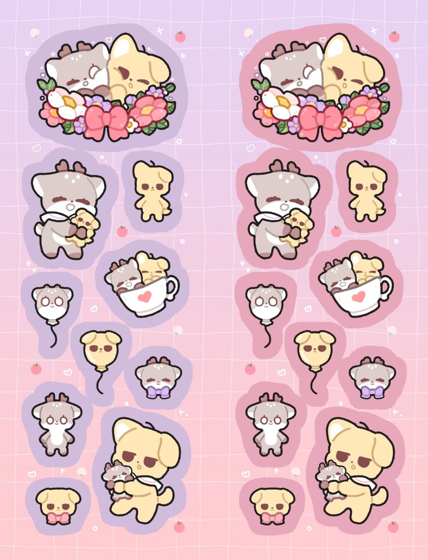 2boys, animal_ears, animal_nose, antlers, balloon, bbing_zzi, bow, character_balloon