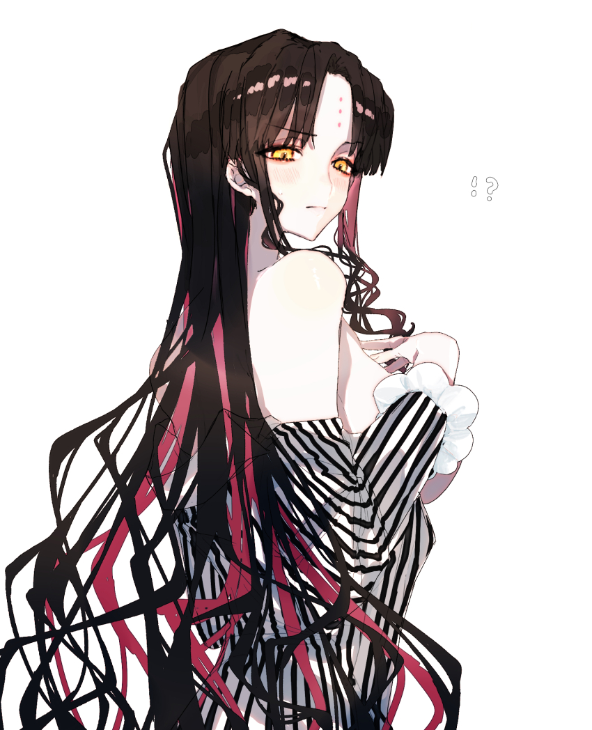 !?, 1girl, bare_shoulders, black_hair, blush, breasts, breasts_out, closed_mouth, clothes_pull, commentary, cosplay, facial_mark, fate/extra, fate/extra_ccc, fate/grand_order, fate_(series), forehead_mark, forehead_tattoo, hand_on_own_chest, hans_christian_andersen_(fate), hans_christian_andersen_(fate)_(cosplay), highres, large_breasts, long_hair, long_sleeves, looking_afar, looking_down, multicolored_hair, parted_bangs, pink_hair, pith_u, revision, sessyoin_kiara, shirt, shirt_pull, simple_background, solo, standing, streaked_hair, striped_clothes, striped_shirt, tattoo, upper_body, vertical-striped_clothes, vertical-striped_shirt, very_long_hair, white_background, yellow_eyes