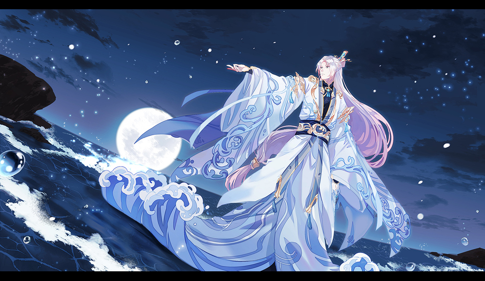 1boy, belt, black_shirt, blue_robe, blue_sash, caustics, chinese_clothes, cloud